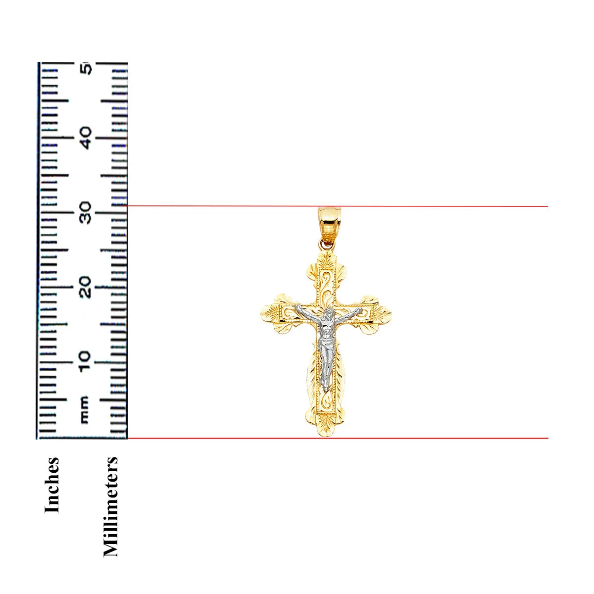 Gold cross pendant with a silver-toned central figure, shown on a white background with a black inch-and-millimeter ruler and red size guide lines for scale.