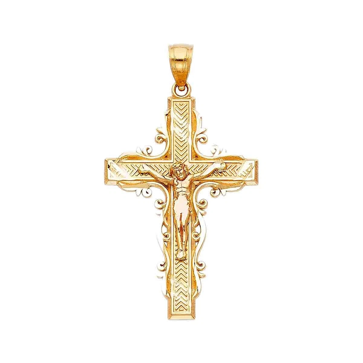 Gold crucifix pendant on a white background