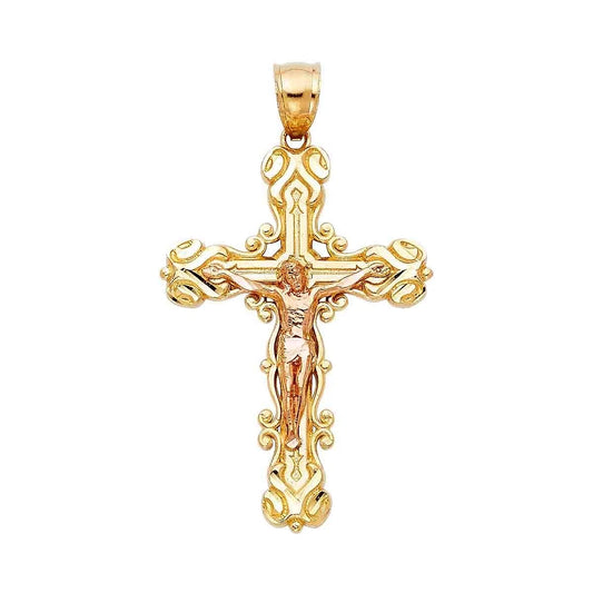 14K Gold Two-Tone Christian Crucifix Cross Pendant For Necklace or Chain