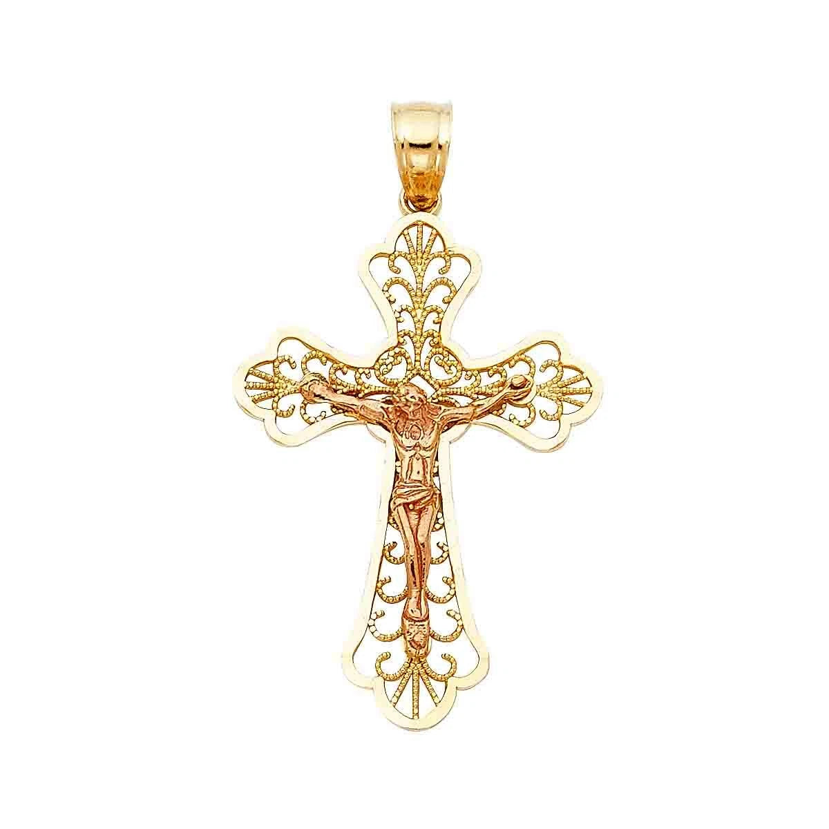 14K Gold Two-Tone Religious Catholic Crucifix Cross Charm Pendant