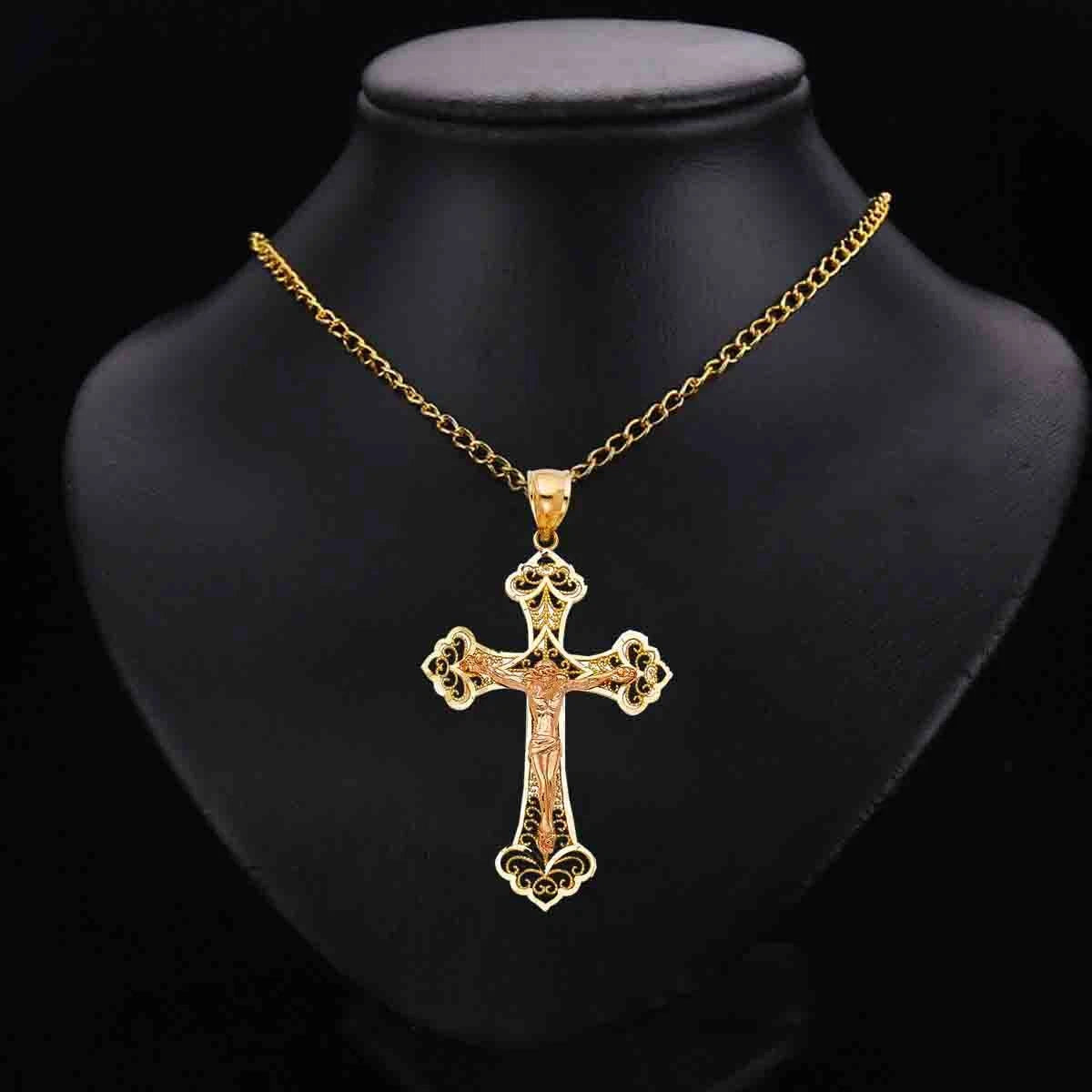 14K Gold Two-Tone Religious Catholic Crucifix Charm Pendant