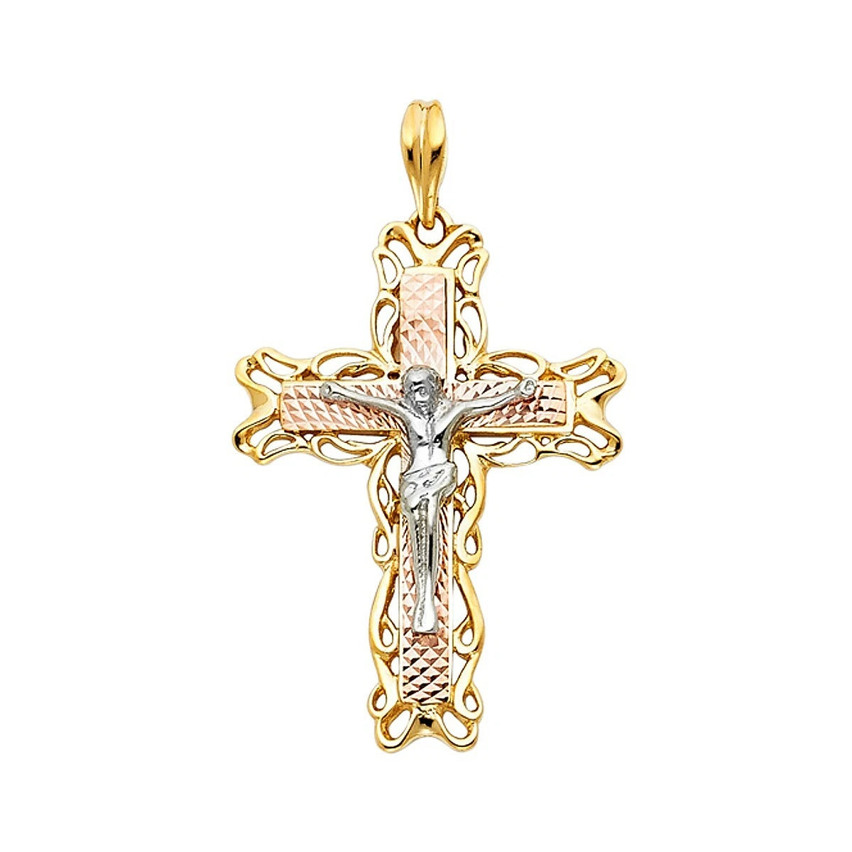 14K Tri-Color Gold Fancy Crucifix Pendant