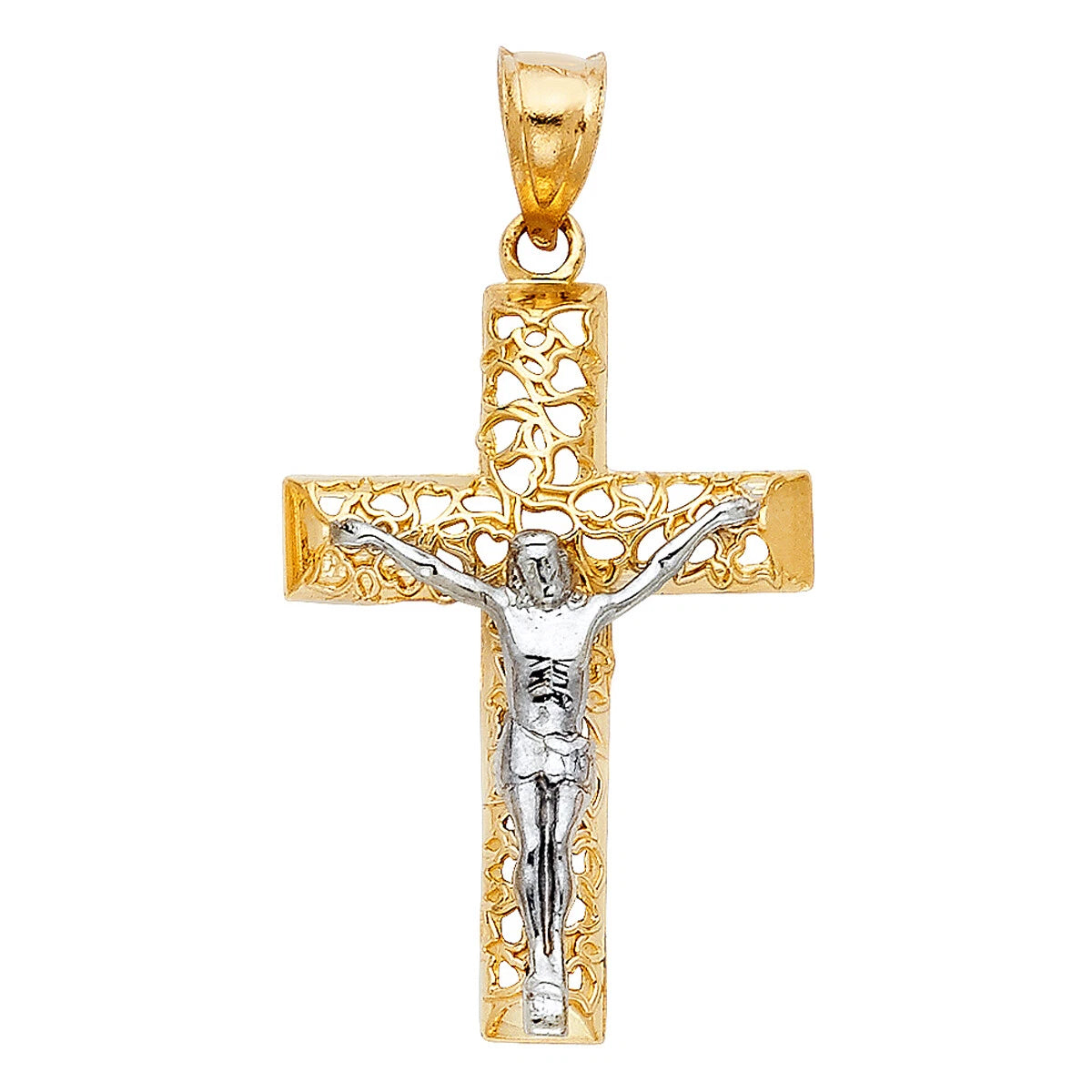 14K Two-Tone Gold Jesus Crucifix Cross Jesus Religious Pendant