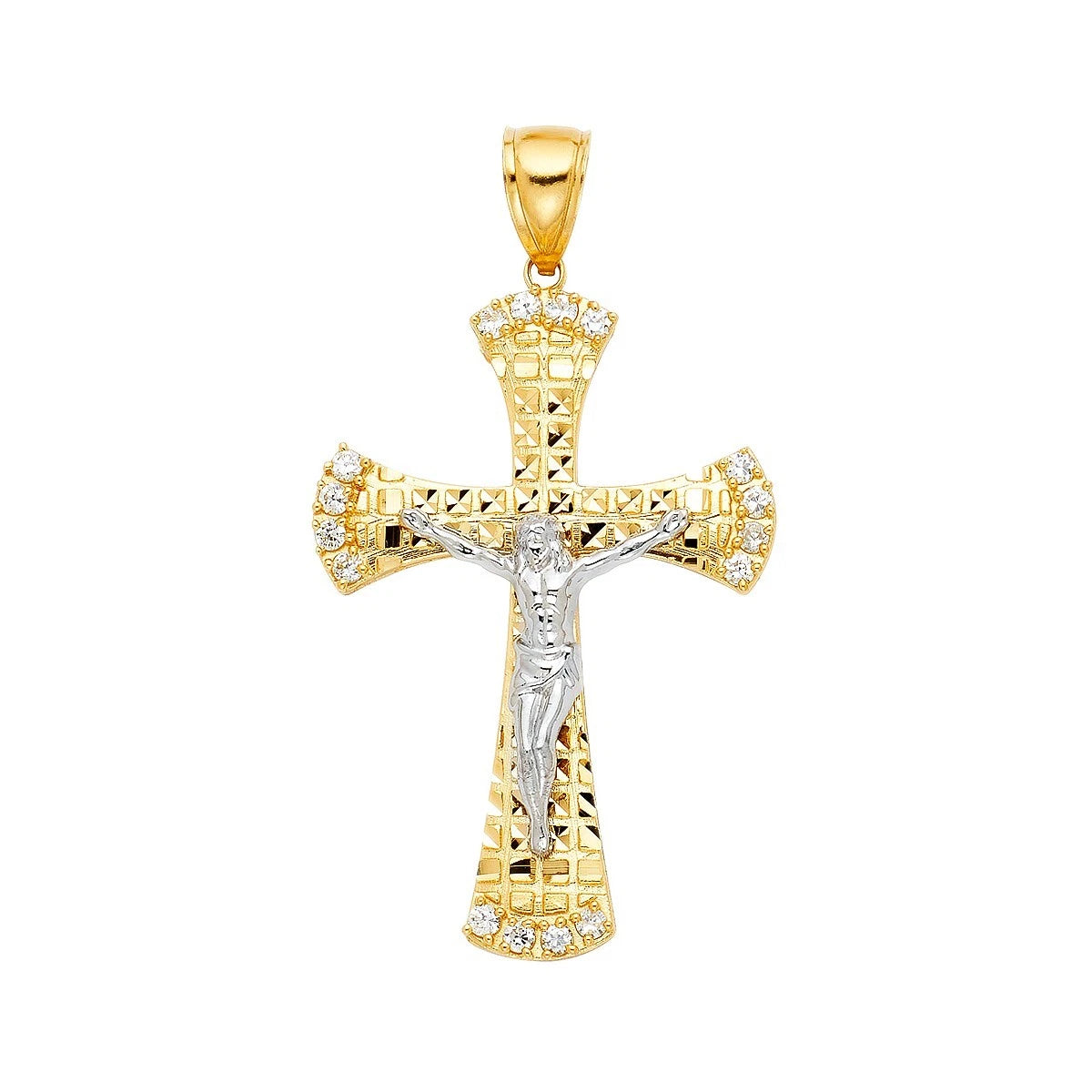 14K Yellow Gold Cubic Zirconia Religious Crucifix Cross Pendant