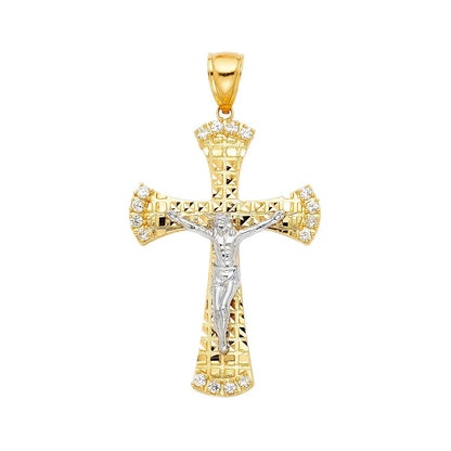 14K Yellow Gold Cubic Zirconia Religious Crucifix Cross Pendant