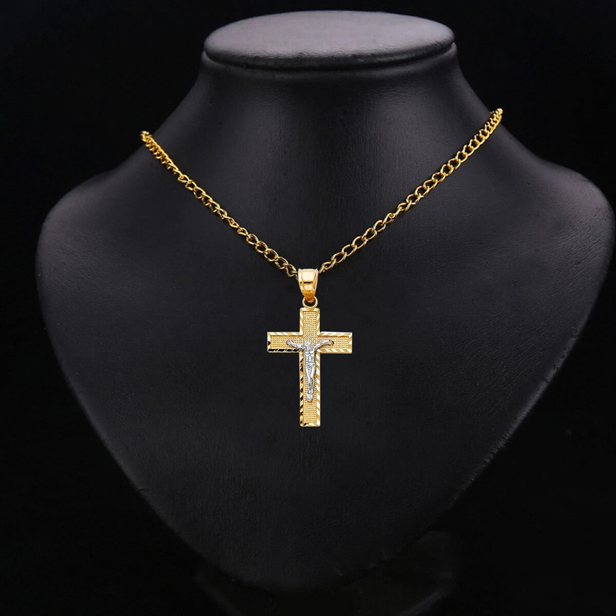 14K Two-Tone Gold Catholic Crucifix Cross Religious Pendant