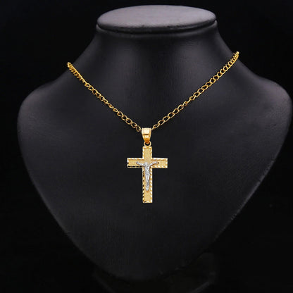 14K Two-Tone Gold Catholic Crucifix Cross Religious Pendant