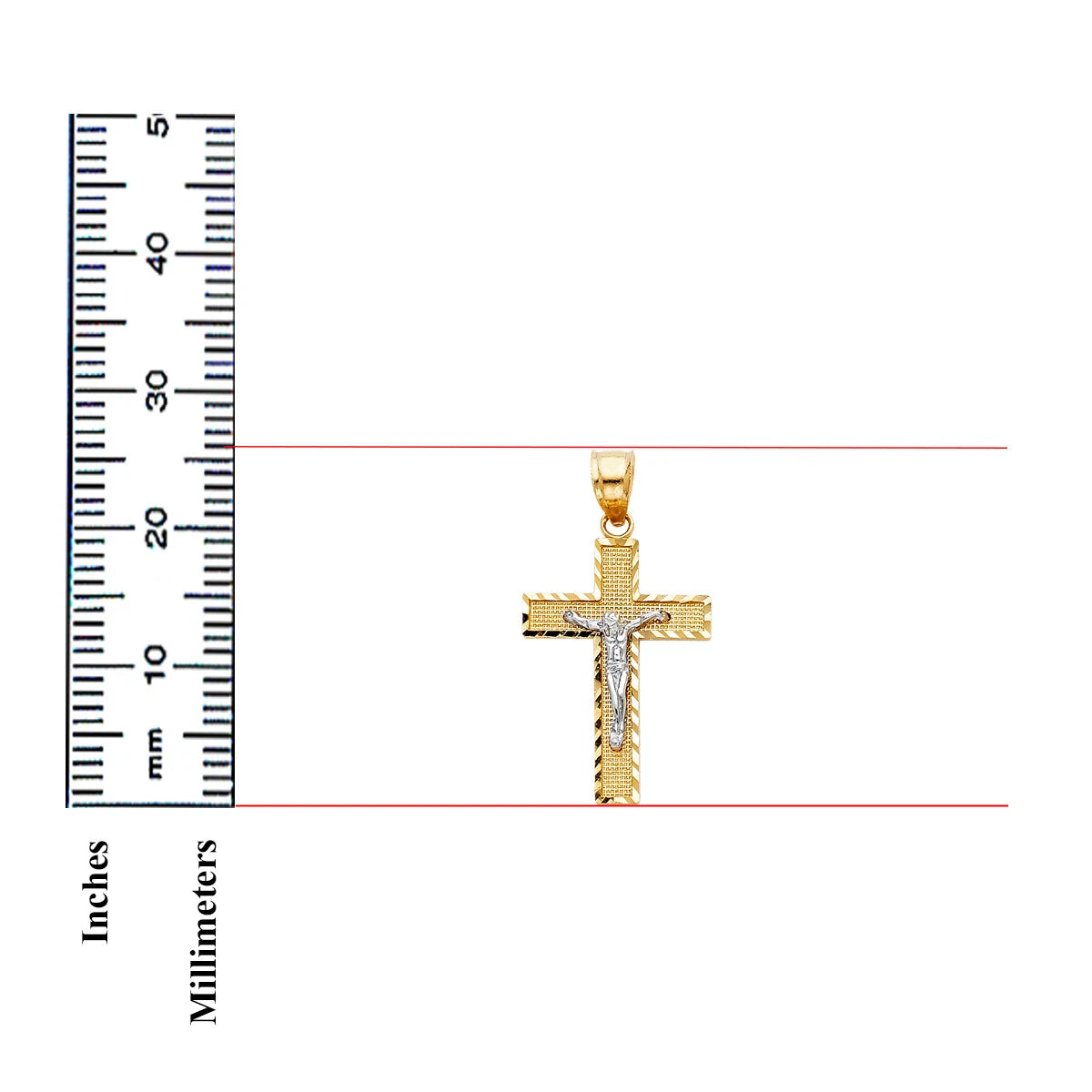 Gold cross pendant with Jesus figure on a white background with a ruler for scale.