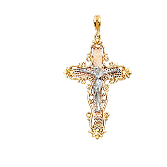 A two-tone gold and silver crucifix pendant with a textured rose gold center, shown on a plain white background.