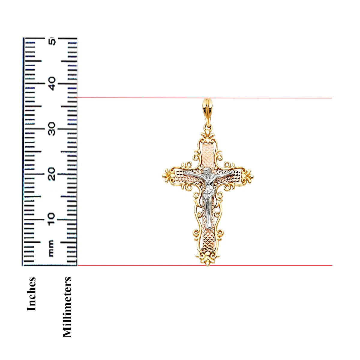 A gold and silver cross pendant with a detailed crucifix design, shown next to a black ruler with inch and millimeter markings to indicate its size on a white background.