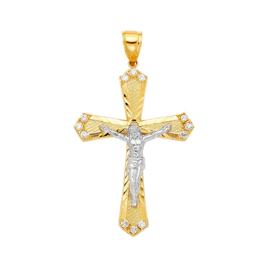 14K Two-Tone Gold Cubic Zirconia Religious Crucifix Pendant For Necklace
