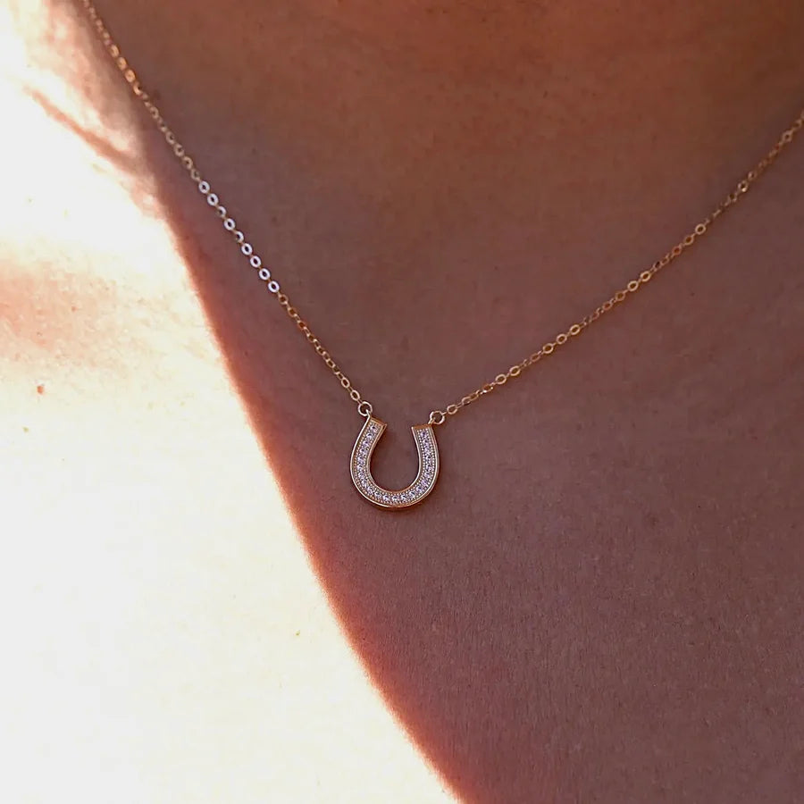 14K Solid Yellow Gold Lucky Horseshoe Charm Necklace