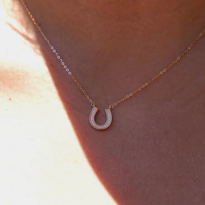 14K Solid Yellow Gold Lucky Horseshoe Charm Necklace